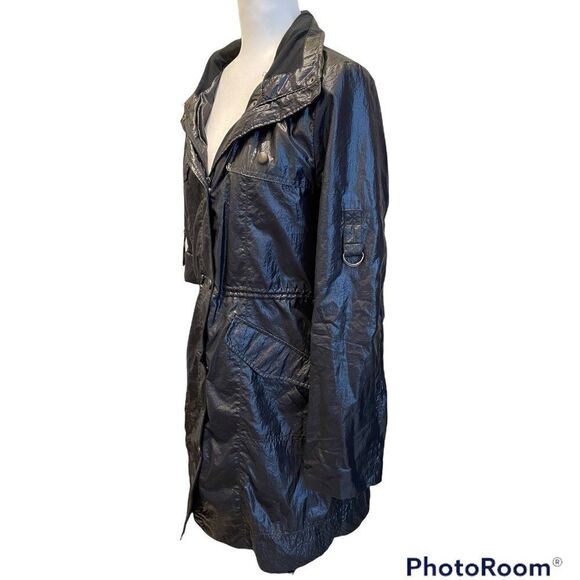 KENNETH Cole Reaction Black Shiny Rain Trench Coat Sz L - Picture 2 of 7